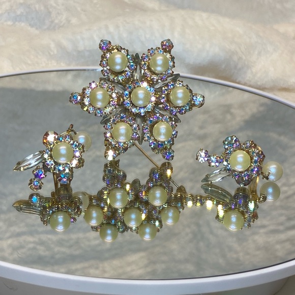 VINTAGE JULIANA D&E AB RHINESTONE FAUX PEARL STAR BROOCH PIN & EARRING SET #786 - Picture 12 of 16